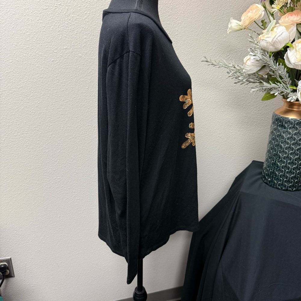 Isela Woman Black Gold Sequin Snowflake Holiday Top 1X Long Sleeve Christmas - Picture 5 of 8